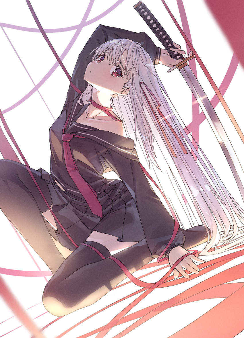 1girl bangs bending black_sailor_collar black_serafuku black_skirt black_socks black_thighhighs collarbone grey_hair hair_flowing_over hair_ribbon hand_rest highres holding holding_sword holding_weapon katana long_hair long_sleeves looking_to_the_side neck_ribbon necktie on_floor original pleated_skirt red_eyes red_necktie red_ribbon ribbon sailor_collar school_uniform serafuku shiny shiro_youduki sitting skirt sleeve_cuffs socks solo sword thigh-highs wardrobe_malfunction weapon white_hair wide_sleeves