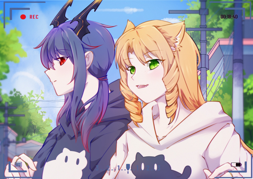 2girls absurdres animal_ears arknights battery_indicator black_sweater blue_hair blue_sky ch'en_(arknights) day dragon_girl dragon_horns fangs green_eyes highres hood hood_down hooded_sweater horns long_hair long_sleeves looking_at_viewer low_twintails matching_outfit multicolored_hair multiple_girls open_mouth orange_hair outdoors power_lines profile recording red_eyes redhead side_drills sideways_glance sievier sky smile streaked_hair sweater swire_(arknights) tiger_ears tiger_girl twintails utility_pole viewfinder white_sweater