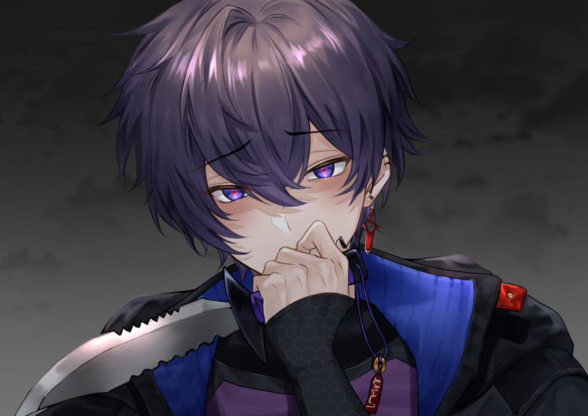 1boy bangs black_hair black_jacket black_nails black_shirt blue_eyes blush clouds cloudy_sky commentary covering_mouth ear_piercing earrings fingernails hair_between_eyes hand_up highres holding holding_knife indie_virtual_youtuber jacket jewelry knife long_sleeves looking_at_viewer makura_wet male_focus nail_polish open_clothes open_jacket piercing purple_shirt raised_eyebrows red_pupils shirt short_hair shoto_(vtuber) sidelocks single_earring sky sleeves_past_wrists solo sword_earrings two-sided_fabric two-sided_jacket upper_body virtual_youtuber