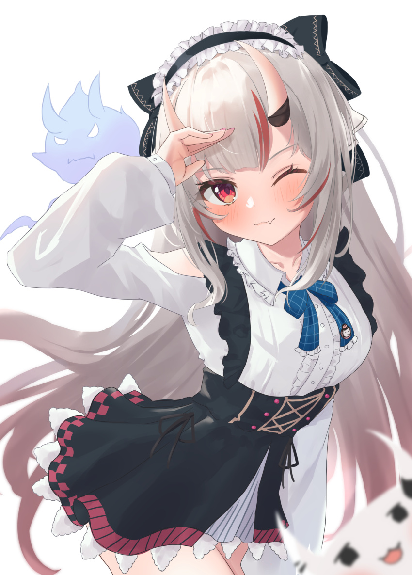 1girl :3 blush commentary_request cowboy_shot fang highres hololive horns karma_(nakiri_ayame) long_hair long_sleeves looking_at_viewer maid_headdress multicolored_hair nakiri_ayame official_alternate_costume one_eye_closed oni_horns poyoyo_(nakiri_ayame) red_eyes redhead salute shinka_(yonkun121) skin_fang smile streaked_hair virtual_youtuber white_background white_hair