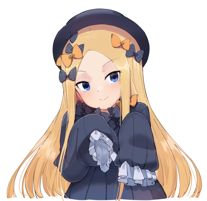 1girl abigail_williams_(fate) absurdres bangs black_bow black_dress black_headwear blonde_hair blue_eyes bow dress fate/grand_order fate_(series) hair_bow highres long_hair multiple_hair_bows orange_bow parted_bangs polka_dot polka_dot_bow simple_background sketch sleeves_past_fingers sleeves_past_wrists smile solo usuaji very_long_hair white_background