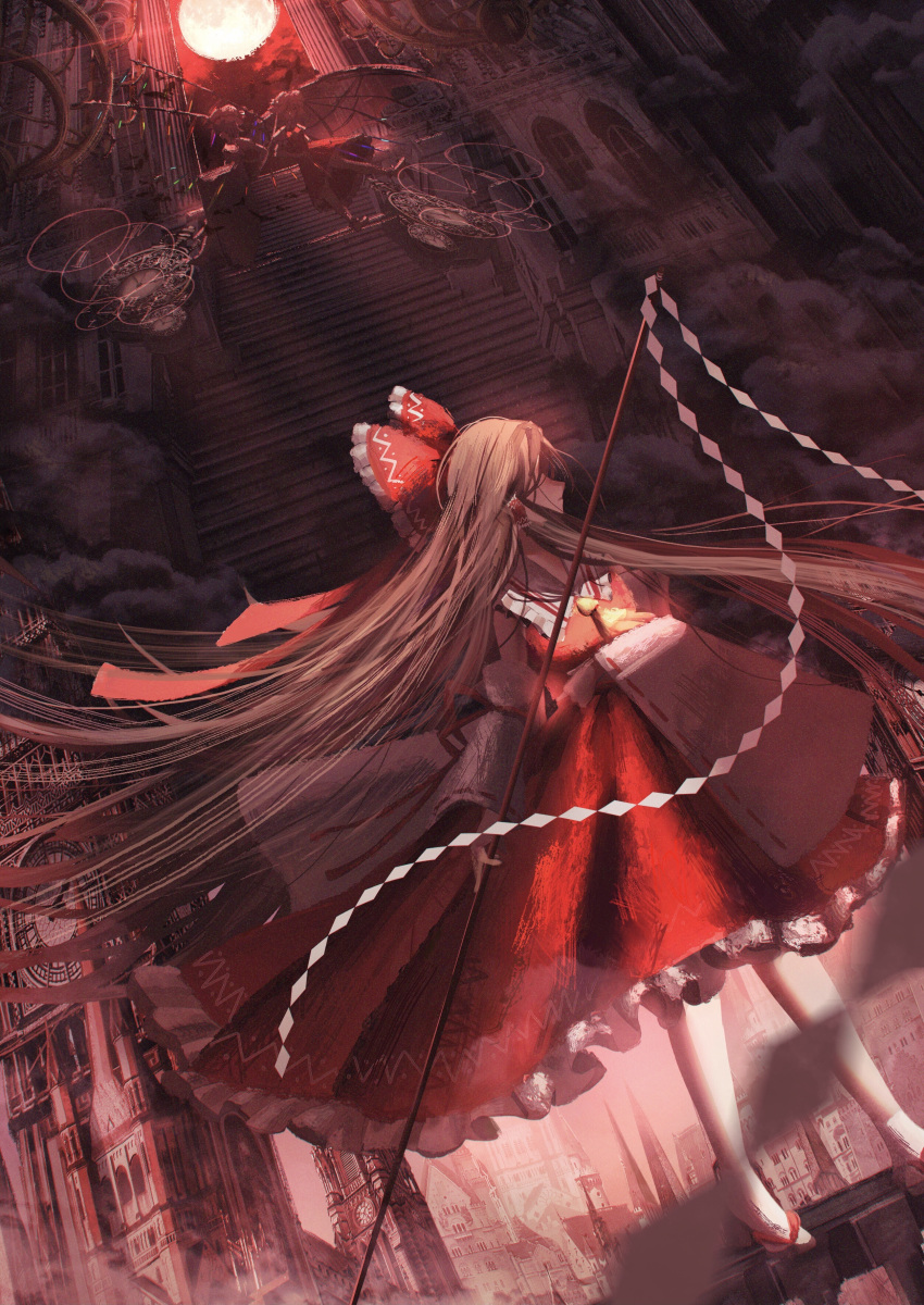 3girls absurdres arch ascot bow brown_hair building castle chandelier clock clock_tower closed_mouth commentary crystal demon_wings detached_sleeves dress facing_to_the_side flandre_scarlet frilled_bow frilled_hair_tubes frilled_shirt_collar frilled_skirt frills full_moon gohei hair_bow hair_tubes hakurei_reimu highres holding holding_gohei long_hair moon multiple_girls profile red_bow red_dress red_moon red_skirt red_vest remilia_scarlet ribbon-trimmed_sleeves ribbon_trim skirt stairs toho_sweet touhou tower very_long_hair vest white_dress white_headwear white_sleeves wide_sleeves wings yellow_ascot