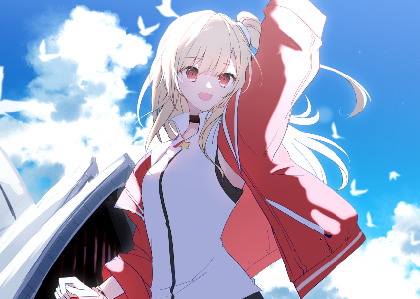 1girl a.a_(aa772) animal arm_up azur_lane bangs bird black_choker blonde_hair blue_sky choker cleveland_(azur_lane) clouds collared_shirt commentary_request day floating_hair hair_between_eyes jacket long_hair one_side_up open_clothes open_jacket outdoors red_eyes red_jacket shirt sky sleeveless sleeveless_shirt solo sydney_opera_house very_long_hair white_shirt