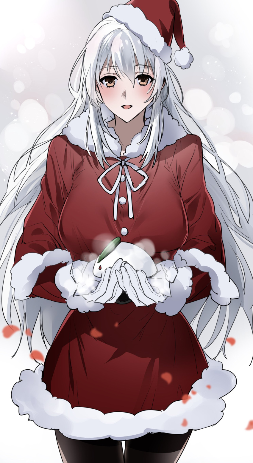 1girl absurdres alternate_costume black_pantyhose brown_eyes capelet commentary_request cowboy_shot dress fur-trimmed_capelet fur-trimmed_dress fur-trimmed_headwear fur_trim gloves hat highres ichimonme_(ichi) kantai_collection long_hair long_sleeves looking_at_viewer pantyhose red_capelet red_dress red_headwear santa_hat shoukaku_(kancolle) snow_bunny solo white_gloves white_hair
