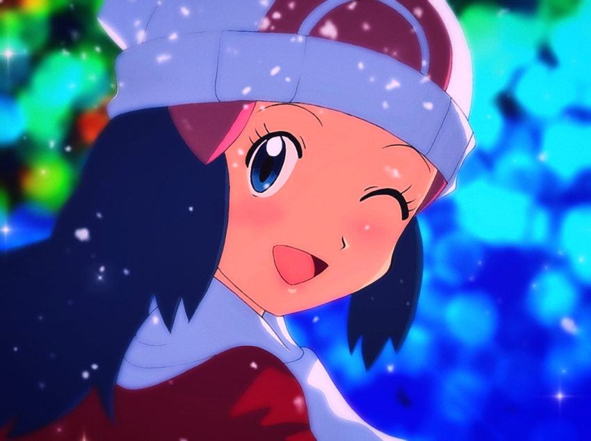 1girl ;d beanie blue_eyes blue_hair blurry blurry_background blush coat commentary_request eyelashes hair_ornament hairclip hat highres hikari_(pokemon) long_hair looking_at_viewer one_eye_closed open_mouth pokemon pokemon_(anime) pokemon_dppt_(anime) portrait red_coat scarf smile snowing solo tekken_papiyon tongue white_headwear white_scarf winter_clothes