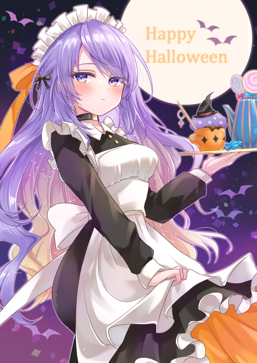 1girl absurdres apron apron_hold bangs black_choker black_dress blonde_hair blush candy choker closed_mouth cup dress earrings food frilled_dress frills gradient_hair happy_halloween highres holding holding_tray hololive hololive_indonesia hoop_earrings jewelry lollipop long_hair long_sleeves looking_at_viewer maid maid_apron maid_headdress moona_hoshinova multicolored_hair null_maru purple_hair solo starry_hair swirl_lollipop tray two-tone_hair virtual_youtuber