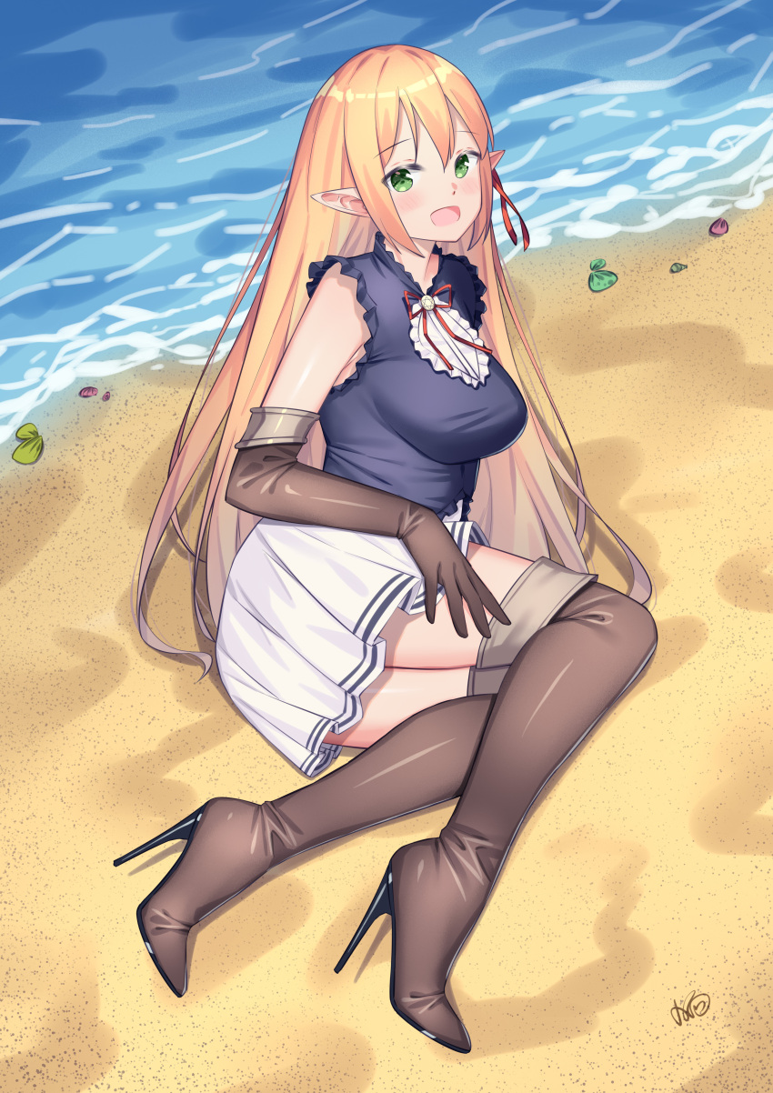 1girl absurdres arisa_(shadowverse) beach blonde_hair boots green_eyes highres long_hair pleated_skirt pointy_ears shadowverse skirt thigh_boots xiaoxi0619