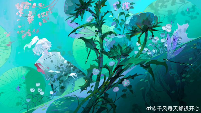1boy absurdres bishounen bug dragonfly flower highres long_sleeves looking_up male_focus pink_flower qianfeng short_hair sitting solo water white_hair