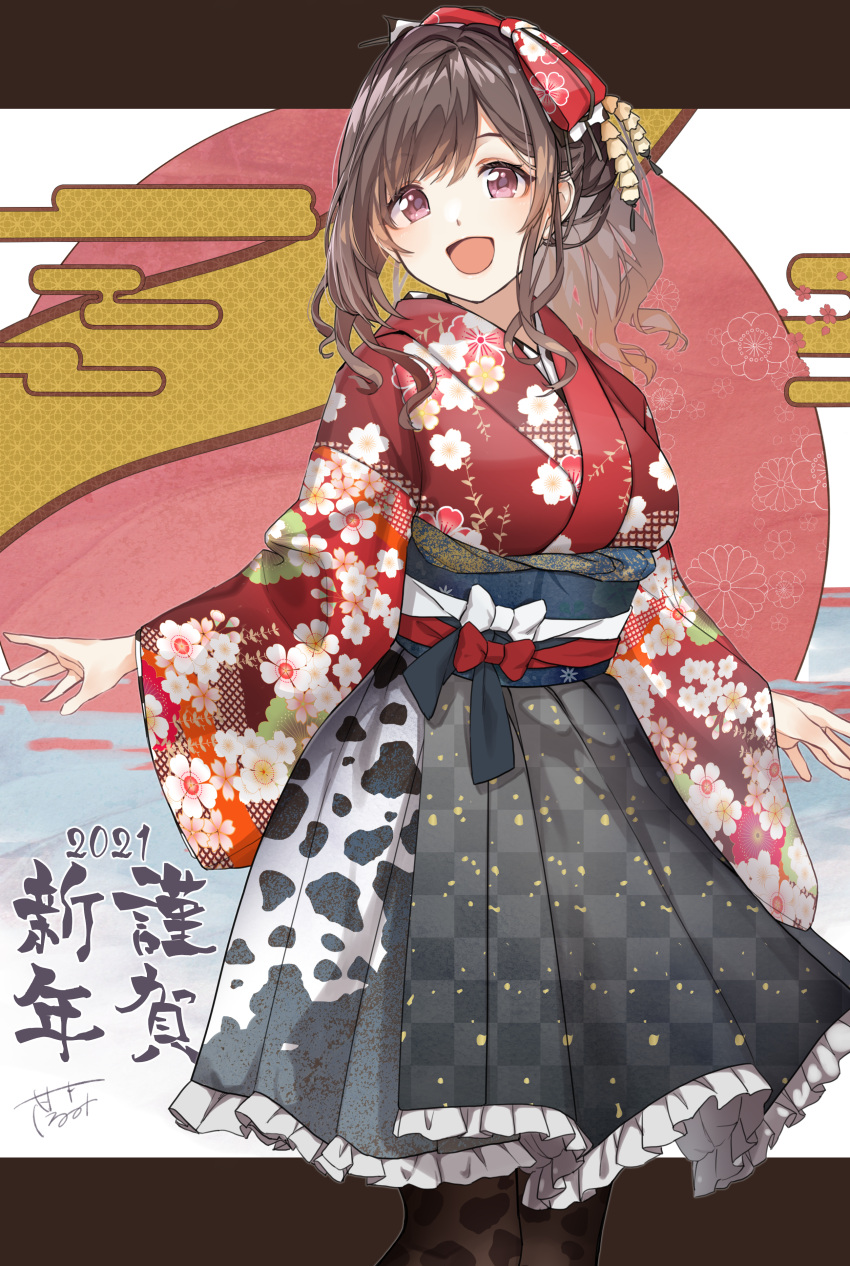 1girl 2021 :d absurdres animal_print apron bow brown_hair chinese_zodiac commentary_request cow_print floral_print frilled_skirt frills hair_bow happy_new_year highres idolmaster idolmaster_shiny_colors japanese_clothes kimono long_hair looking_at_viewer new_year obi open_mouth paid_reward_available pekoni_(peconi) pleated_skirt sash skirt smile solo tsukioka_kogane violet_eyes waist_apron wide_sleeves year_of_the_ox