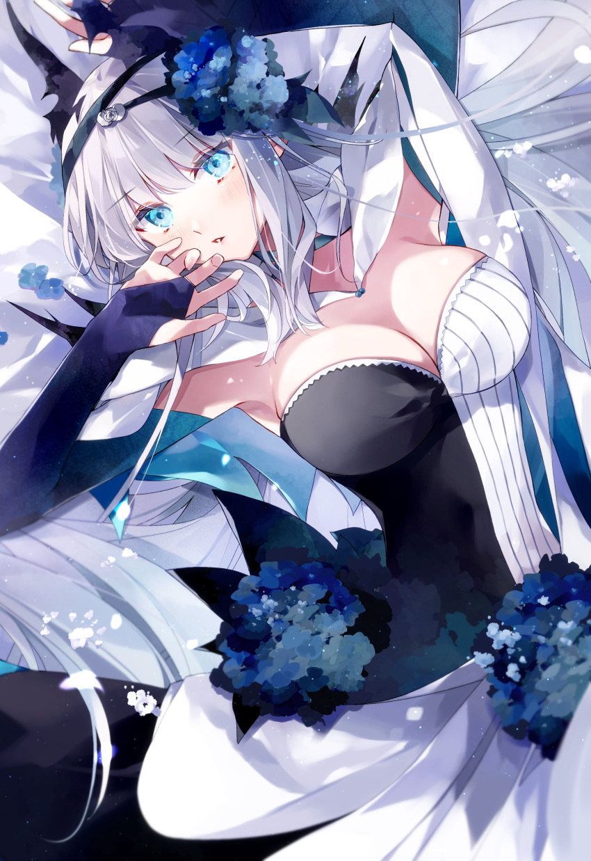 1girl absurdres bangs bare_shoulders blue_eyes blue_flower blue_gloves breasts crown dress fate/grand_order fate_(series) flower gloves grey_hair hair_flower hair_ornament highres large_breasts long_dress long_hair looking_at_viewer misaki346 morgan_le_fay_(apex)_(fate) morgan_le_fay_(fate) multicolored_clothes multicolored_dress open_mouth solo very_long_hair white_background white_flower