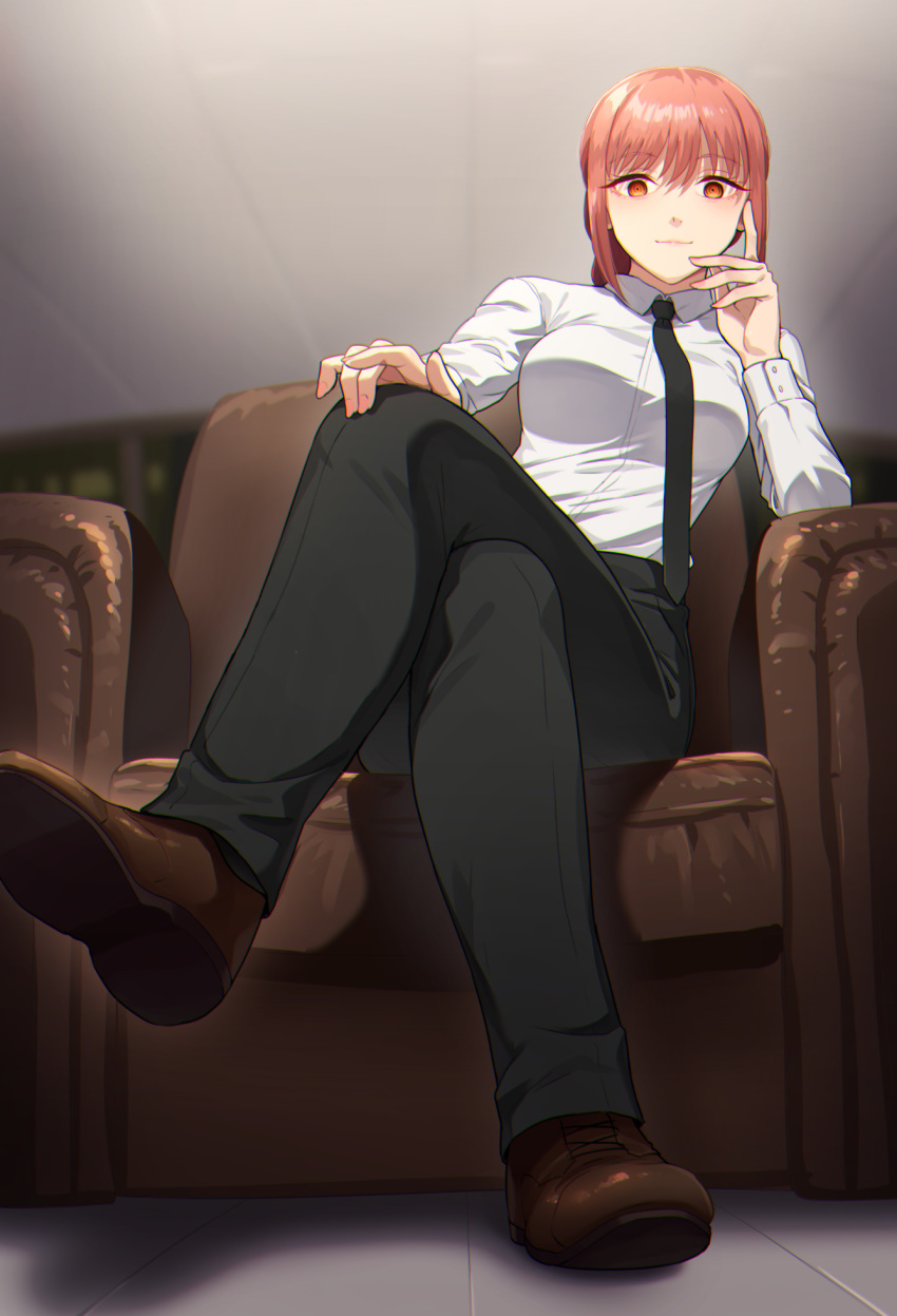 1girl black_necktie black_pants brown_footwear chainsaw_man collared_shirt couch crossed_legs formal highres indoors kamille_(vcx68) long_hair long_sleeves looking_at_viewer makima_(chainsaw_man) necktie on_couch pants redhead shirt shoes sitting smile solo yellow_eyes