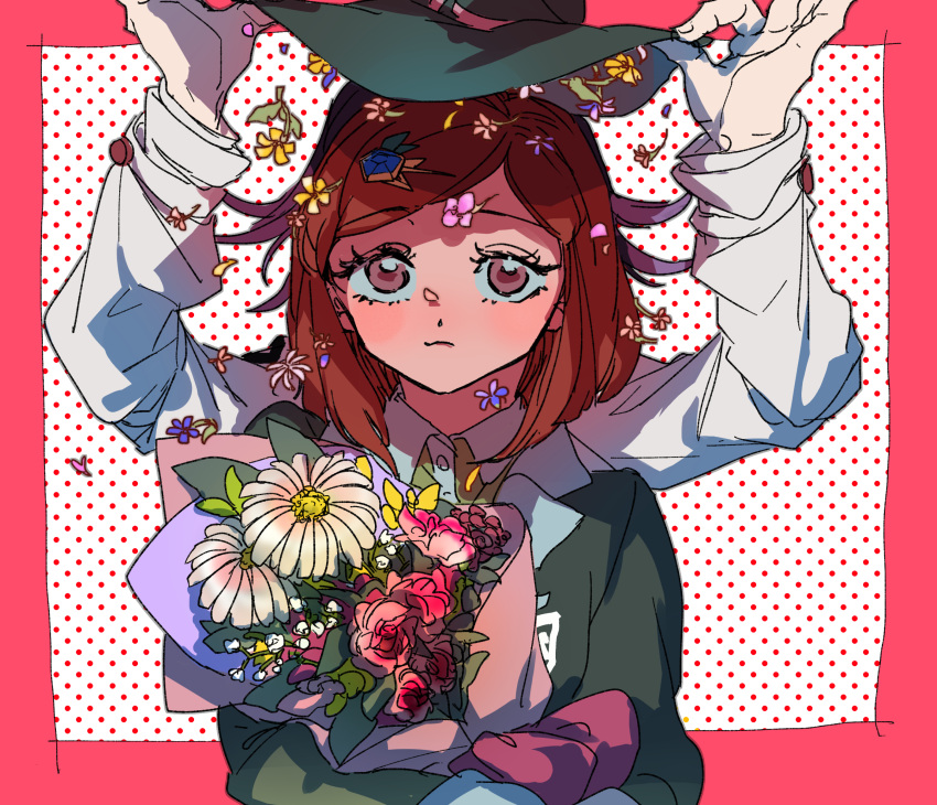 1boy 1girl absurdres arms_up bangs black_headwear black_jacket border bouquet closed_mouth collared_shirt danganronpa_(series) danganronpa_v3:_killing_harmony dress_shirt flipped_hair flower green_shirt hair_ornament hat highres holding holding_bouquet jacket long_sleeves medium_hair mi_cha_iru ouma_kokichi pink_border pink_eyes pink_flower pink_hair polka_dot polka_dot_background redhead shirt white_flower white_shirt witch_hat yumeno_himiko