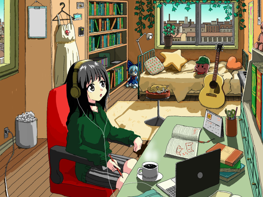 1girl acoustic_guitar aiu404l bed black_choker black_eyes black_hair book bookshelf breasts building calendar_(object) cat choker cirno clothes_hanger coffee coffee_mug computer cup fumo_(doll) green_sweater guitar headphones heart highres holding holding_pencil instrument keyboard_(instrument) kirby kirby_(series) lamp laptop medium_breasts mug notebook original pencil plant plate pleated_skirt potted_plant rug scissors sitting skirt solo star_pillow steam sweater touhou trash_can window