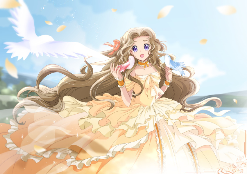 1girl 2021 :d bird bird_on_hand brown_hair choker code_geass collarbone dated day dress floating_hair framed hair_intakes hair_ribbon iwai10iwai layered_dress long_dress long_hair nunnally_lamperouge off-shoulder_dress off_shoulder open_mouth orange_ribbon outdoors petals ribbon smile solo sparkle standing very_long_hair violet_eyes wrist_cuffs yellow_choker yellow_dress