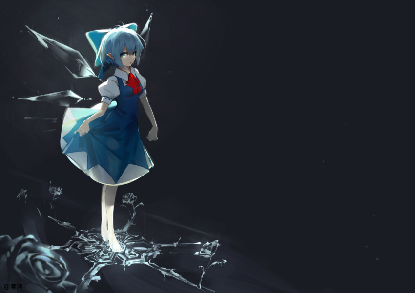 1girl arm_at_side bangs bare_arms barefoot blue_bow blue_dress blue_eyes blue_hair bow cirno dress full_body hair_bow ice ice_wings looking_at_viewer medium_dress medium_hair pale_skin pointy_ears puffy_short_sleeves puffy_sleeves short_sleeves solo tiptoes toes touhou tzafra walking wings