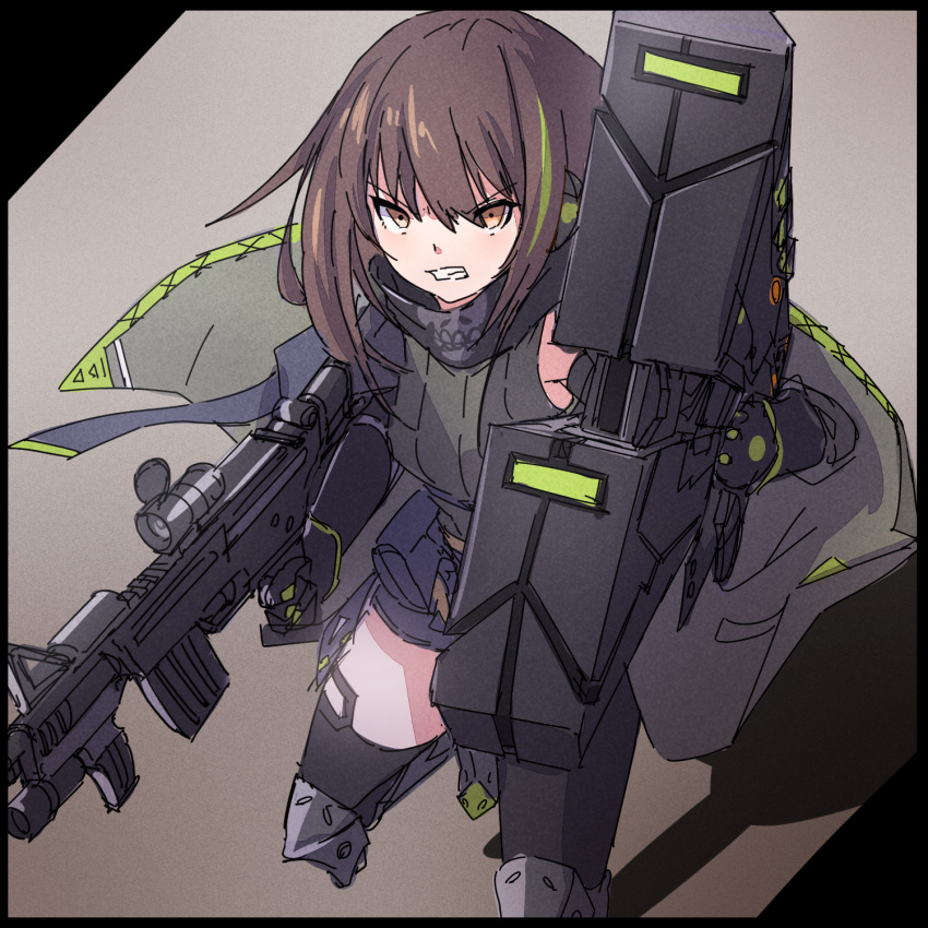 1girl assault_rifle bangs black_background black_border black_gloves black_thighhighs border brown_eyes brown_hair clenched_teeth commentary_request elbow_gloves girls_frontline gloves green_hair green_sweater grey_background gun hair_between_eyes highres holding holding_gun holding_weapon kuro_kosyou looking_away m4_carbine m4a1_(girls'_frontline) multicolored_hair name_connection object_namesake ribbed_sweater rifle solo standing standing_on_one_leg streaked_hair sweater teeth thigh-highs two-tone_background v-shaped_eyebrows weapon