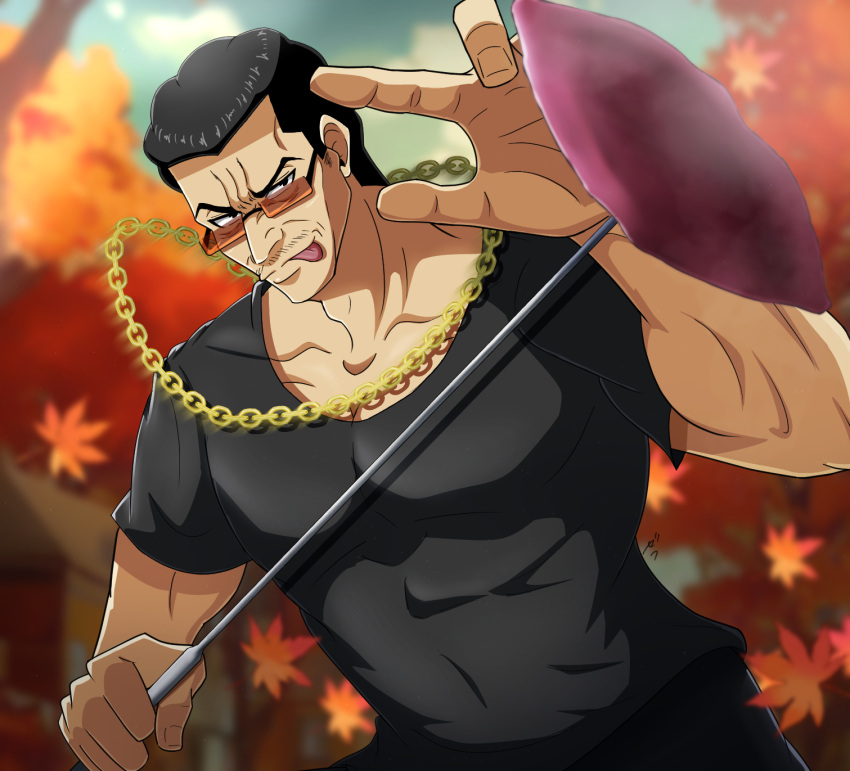 1boy adam's_apple autumn_leaves black_eyes black_hair black_shirt blurry blurry_background chain_necklace collarbone day facial_hair food highres human_bug_daigaku jewelry muscular muscular_male mustache necklace outdoors roasted_sweet_potato shirt solo standing stubble sunglasses sweet_potato tongue tongue_out upper_body zeff_ozaki