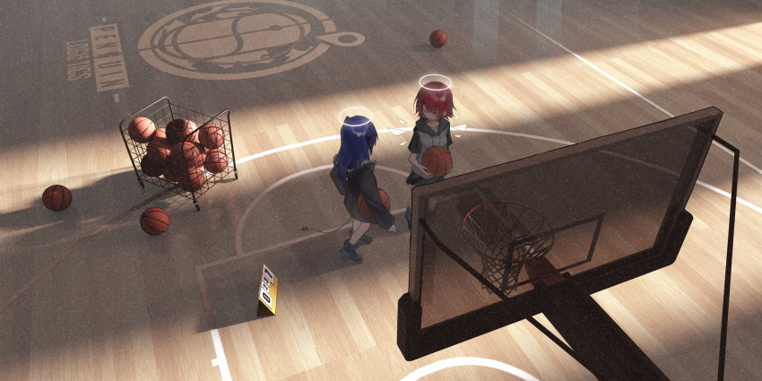 2girls arknights ball bangs basketball basketball_court basketball_hoop black_footwear black_jacket blue_hair exusiai_(arknights) full_body hair_over_one_eye halo highres holding holding_ball jacket long_hair looking_at_another mostima_(arknights) multiple_girls open_mouth red_eyes redhead shadow short_hair short_sleeves standing sunjinghan0801_(mokacoat) tail white_jacket wooden_floor