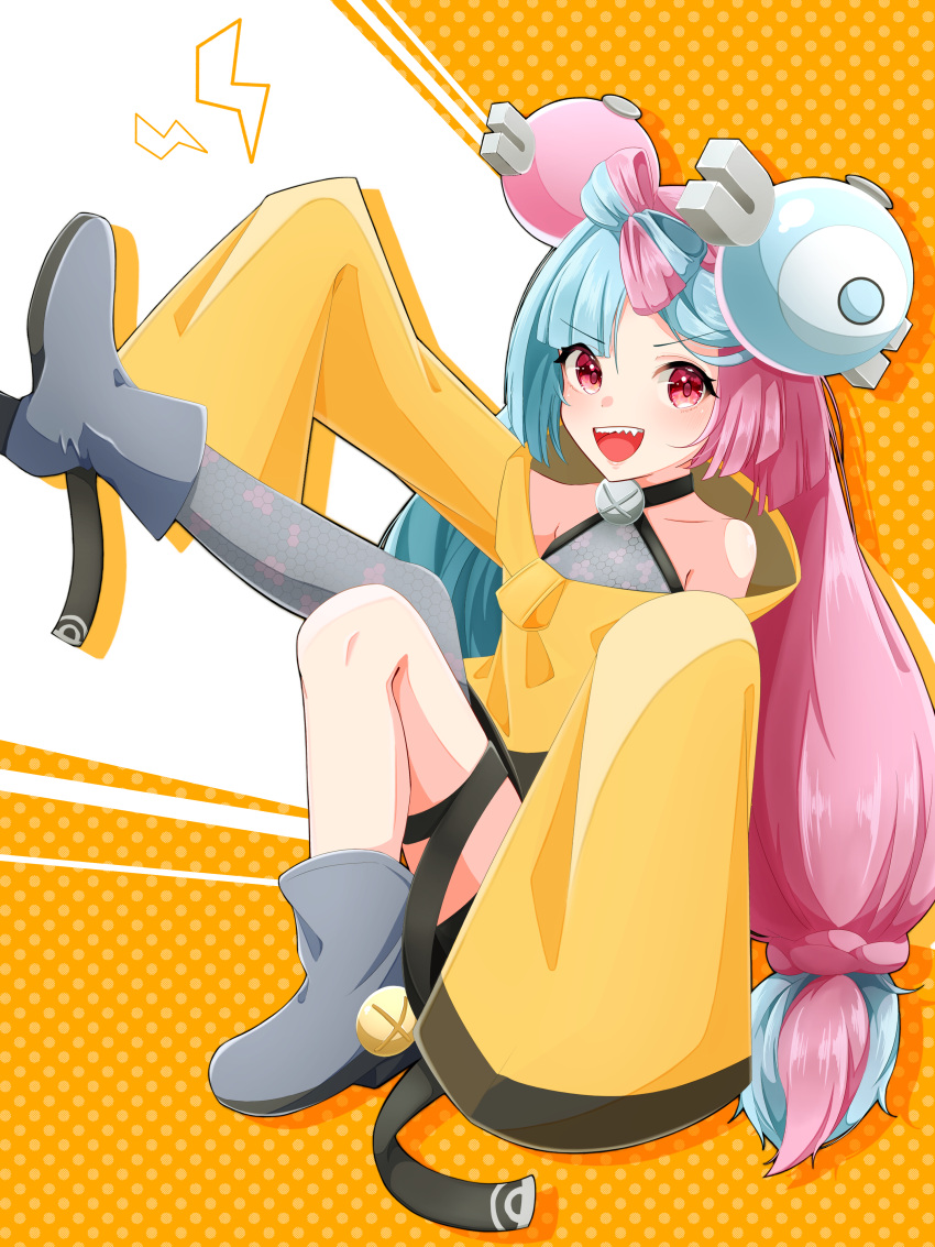 1girl :d absurdres bangs boots character_hair_ornament commentary_request eyelashes from_side full_body grey_footwear grey_pantyhose grey_shirt hair_ornament highres iono_(pokemon) jacket long_hair looking_at_viewer multicolored_hair nagi_clip open_mouth pantyhose pink_hair pokemon pokemon_(game) pokemon_sv red_eyes sharp_teeth shirt single_leg_pantyhose sleeveless sleeveless_shirt sleeves_past_fingers sleeves_past_wrists smile solo teeth thigh_strap twintails two-tone_hair upper_teeth yellow_jacket