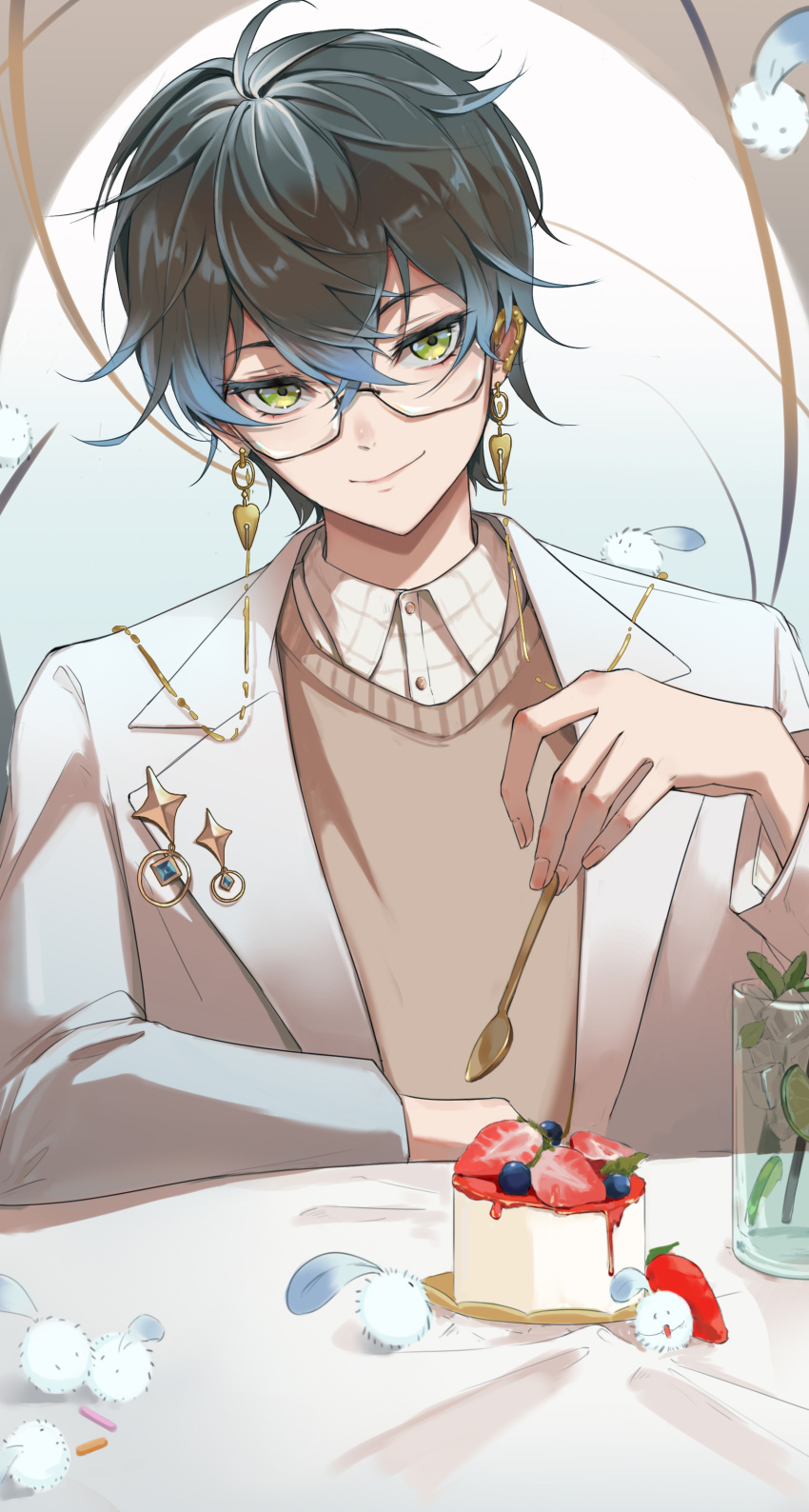 1boy absurdres bangs blue_eyes blue_hair blueberry brown_cardigan cardigan closed_mouth commentary drink earrings eyewear_strap food fruit glasses gradient_hair hair_between_eyes highres holding holding_spoon ike_eveland jacket jewelry long_sleeves looking_at_viewer male_focus multicolored_hair nijisanji nijisanji_en official_alternate_costume quildren_(ike_eveland) rourlzy short_hair smile solo spoon strawberry_shortcake symbol-only_commentary upper_body virtual_youtuber white_jacket