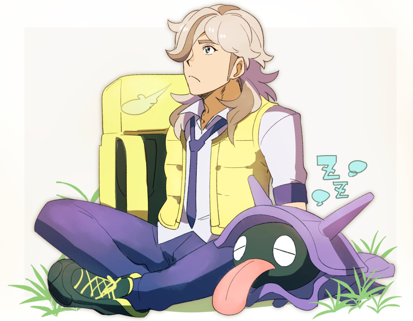 1boy arven_(pokemon) bag_removed boots brown_hair bubble closed_mouth collared_shirt commentary_request frown grass grey_eyes hair_over_one_eye highres long_hair male_focus morio_(poke_orio) multicolored_hair necktie pants pokemon pokemon_(creature) pokemon_(game) pokemon_sv purple_pants shellder shirt sitting sleeping streaked_hair vest yellow_bag yellow_vest zzz