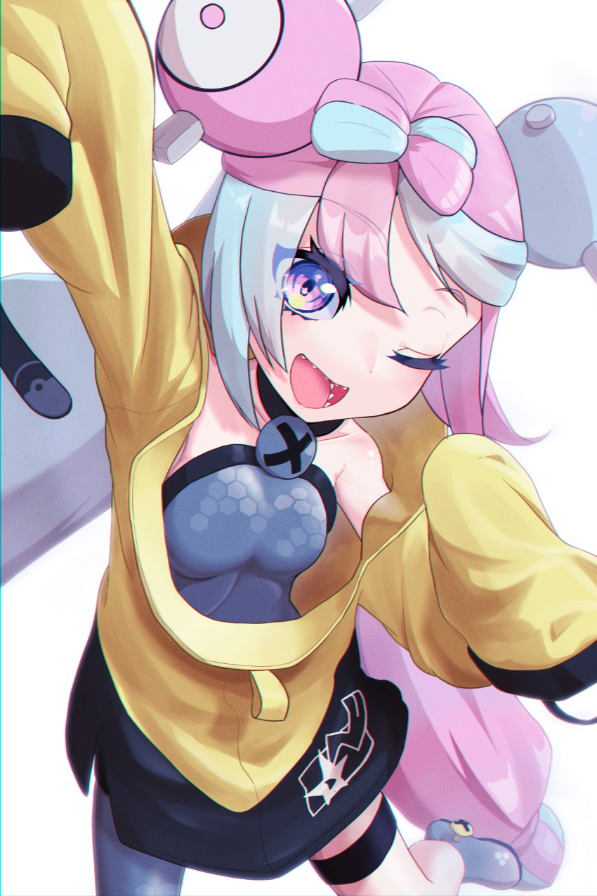 1girl bow-shaped_hair character_hair_ornament grey_pantyhose hair_ornament hexagon_print highres iono_(pokemon) jacket long_hair low-tied_long_hair multicolored_hair oversized_clothes pantyhose pokemon pokemon_(game) pokemon_sv ru_wan_chi sharp_teeth single_leg_pantyhose sleeves_past_fingers sleeves_past_wrists solo split-color_hair star_(symbol) star_in_eye symbol_in_eye teeth twintails very_long_sleeves x yellow_jacket