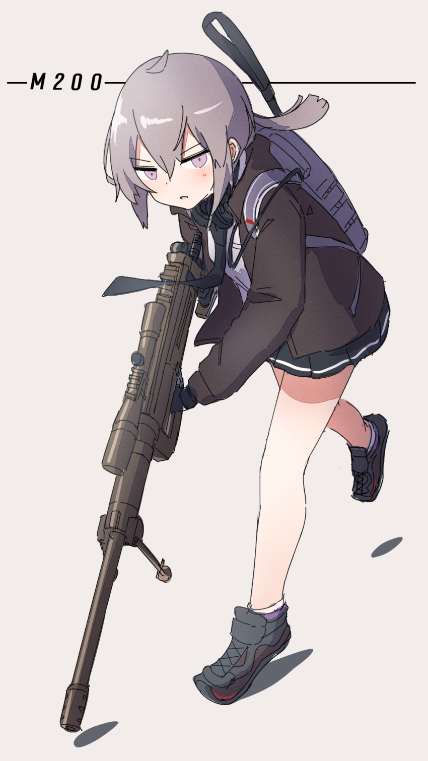 1girl ahoge ankle_socks backpack bag bangs black_jacket black_necktie black_skirt bolt_action character_name cheytac_m200 commentary_request girls_frontline grey_background grey_footwear grey_hair gun hair_between_eyes highres holding holding_gun holding_weapon jacket kuro_kosyou long_hair m200_(girls'_frontline) name_connection necktie object_namesake open_clothes open_jacket parted_lips pleated_skirt rifle shadow shirt shoes simple_background skirt sniper_rifle sniper_scope socks solo violet_eyes walking weapon white_shirt white_socks