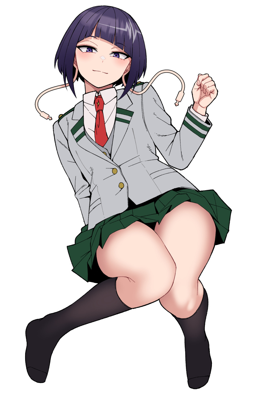 1girl boku_no_hero_academia closed_mouth collared_shirt green_skirt highres jirou_kyouka kneehighs kobaji long_sleeves looking_at_viewer necktie pleated_skirt purple_hair red_necktie shirt simple_background skirt smile socks solo violet_eyes white_background white_shirt