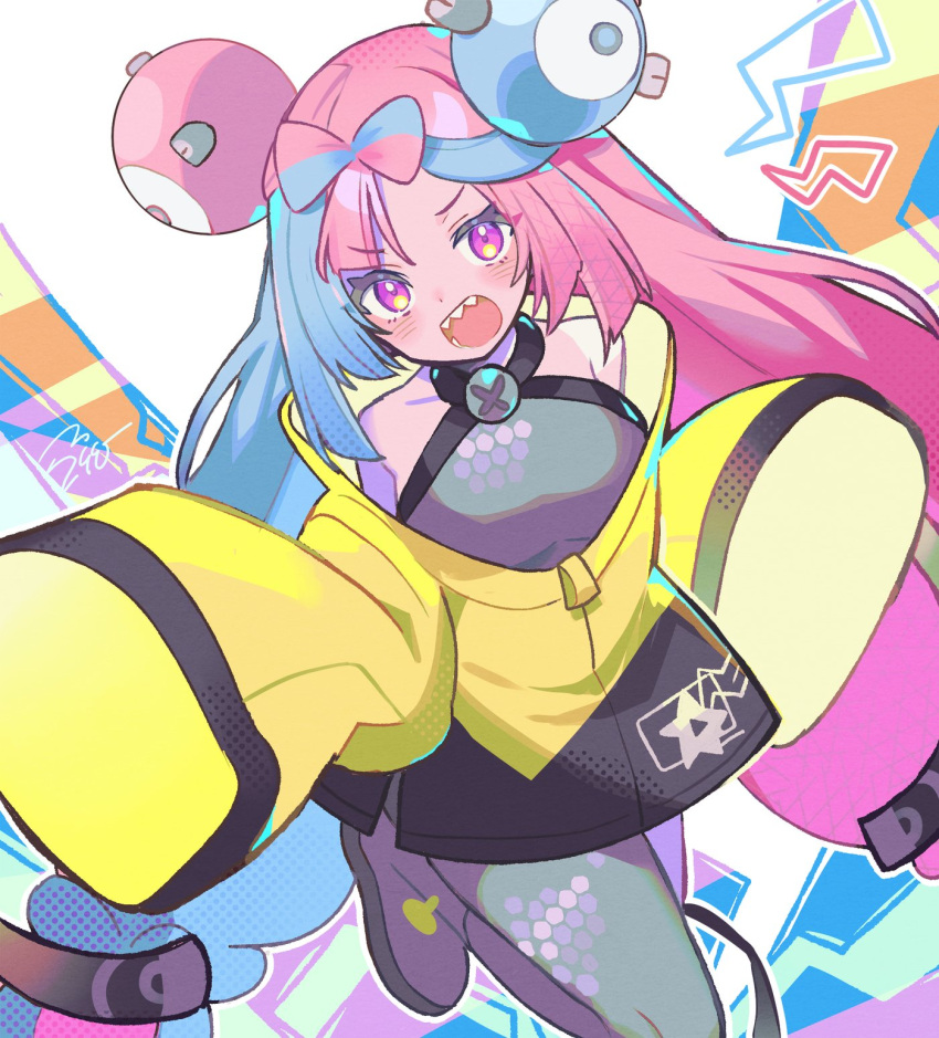 1girl bangs bow-shaped_hair character_hair_ornament hair_ornament hexagon_print highres iono_(pokemon) jacket long_hair looking_at_viewer low-tied_long_hair miwasiba multicolored_hair open_mouth oversized_clothes pink_hair pokemon pokemon_(game) pokemon_sv sharp_teeth shirt single_leg_pantyhose sleeves_past_fingers sleeves_past_wrists smile solo teeth twintails very_long_sleeves x yellow_jacket