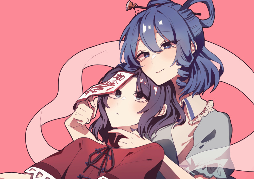 2girls absurdres black_eyes black_hair black_ribbon blue_eyes blue_hair blue_shirt blush bright_pupils closed_mouth collared_shirt commentary fingerless_gloves frilled_shirt_collar frills gloves hagoromo hair_between_eyes hair_ornament hair_rings hair_stick head_on_head head_rest highres kaku_seiga medium_hair miyako_yoshika multiple_girls neck_ribbon no_headwear ofuda pink_background red_shirt ribbon shawl shirt short_sleeves simple_background smile somei_ooo touhou upper_body white_pupils