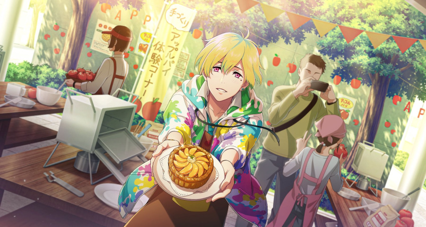 1girl 3boys apple apple_print apron bangs basket blonde_hair brown_hair cellphone fingernails food fruit glint hair_between_eyes hanazono_momohito highres holding holding_phone hood hoodie idolmaster idolmaster_side-m idolmaster_side-m_growing_stars multicolored_hair multiple_boys necktie no_eyes official_art phone plate short_hair smartphone smile teeth third-party_source tree