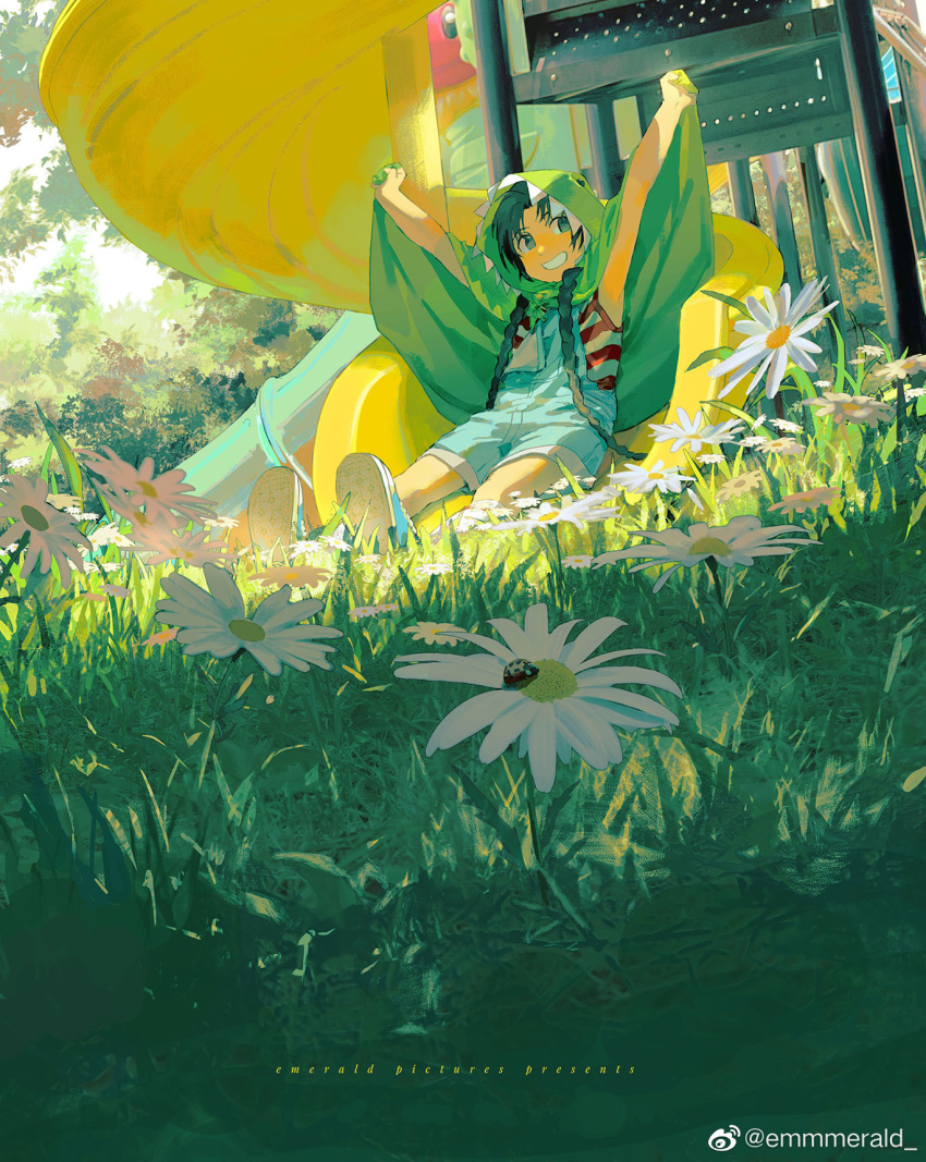 1boy arms_up daisy flower full_body highres holy_pumpkin male_child male_focus original outdoors smile solo white_flower