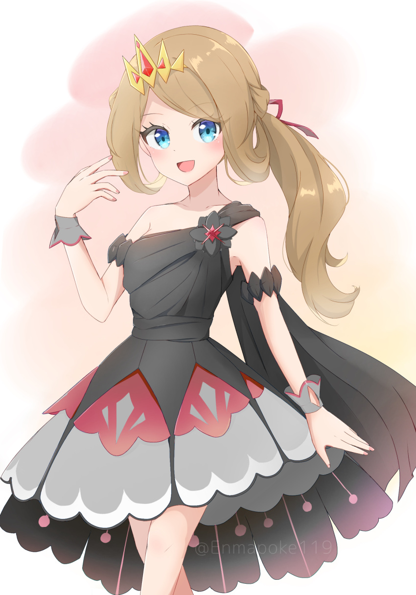 1girl :d black_dress black_flower blonde_hair blue_eyes blush commentary_request dress eyelashes flower hair_ribbon hand_up highres long_hair looking_at_viewer official_alternate_costume open_mouth pokemon pokemon_(game) pokemon_masters_ex ponytail red_ribbon ribbon sakura_enma serena_(champion)_(pokemon) serena_(pokemon) single-shoulder_dress single_strap smile solo tiara watermark wrist_cuffs