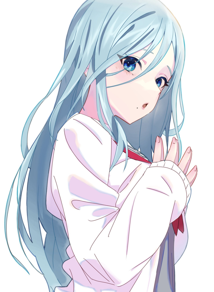 1girl blue_eyes blue_hair cardigan chestnut_mouth commentary eyebrows_hidden_by_hair from_side grey_shirt hair_between_eyes highres hinomori_shizuku light_blue_hair long_hair long_sleeves looking_at_viewer mgc52003625 miyamasuzaka_girls'_academy_uniform neckerchief parted_lips project_sekai red_neckerchief school_uniform shirt simple_background sleeves_past_wrists solo upper_body very_long_hair white_background white_cardigan
