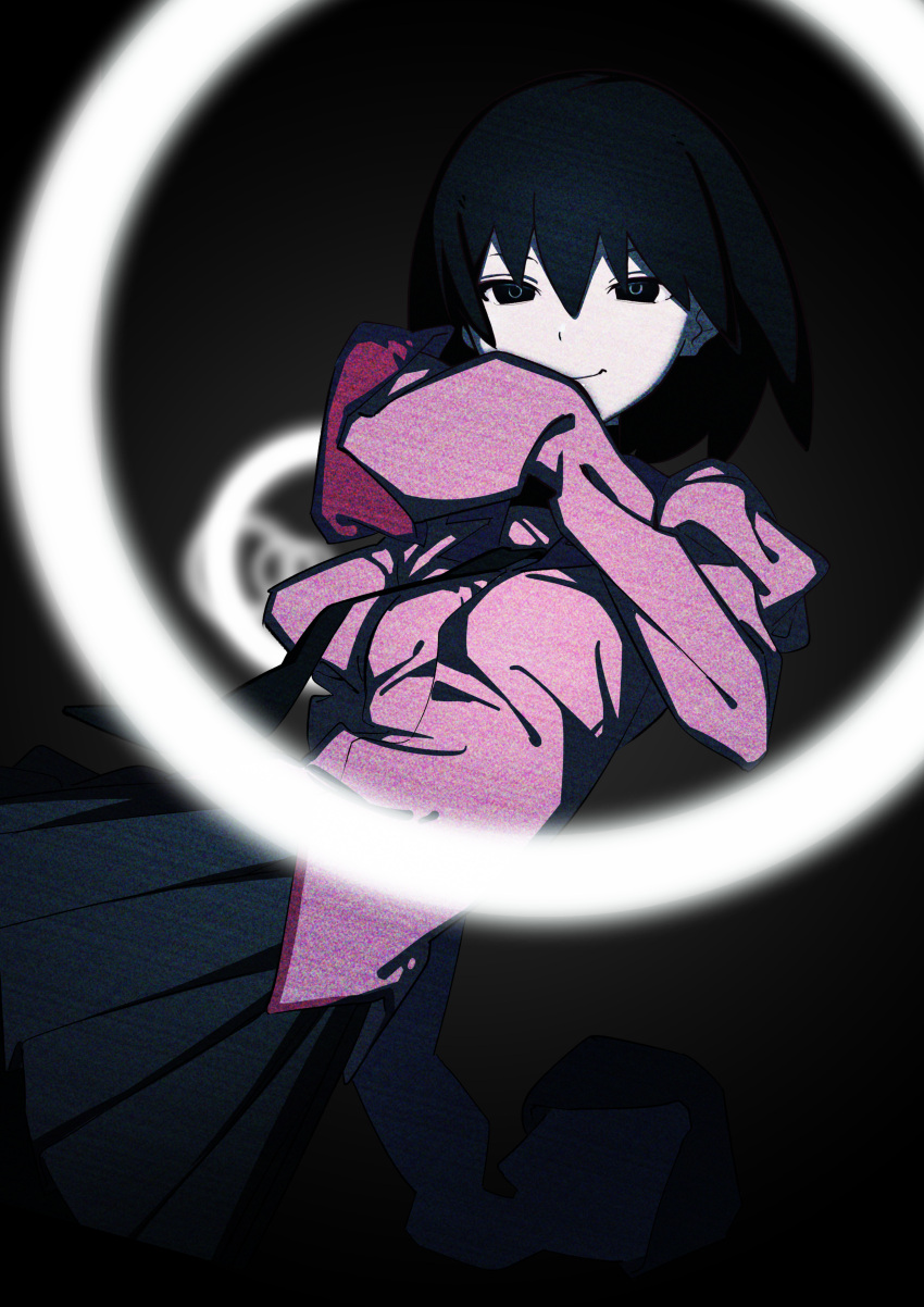 1girl absurdres arm_behind_back bangs black_background black_eyes black_hair black_skirt bob_cut breasts closed_mouth commentary dark empty_eyes eye_reflection film_grain glowing hair_between_eyes hand_to_own_mouth highres houwashiteiru leaning_back light_smile looking_at_viewer monogatari_(series) naoetsu_high_school_uniform oshino_ougi pale_skin pink_shirt pleated_skirt reflection ring_light school_uniform shirt short_hair skirt sleeves_past_fingers sleeves_past_wrists small_breasts smile solo texture underlighting