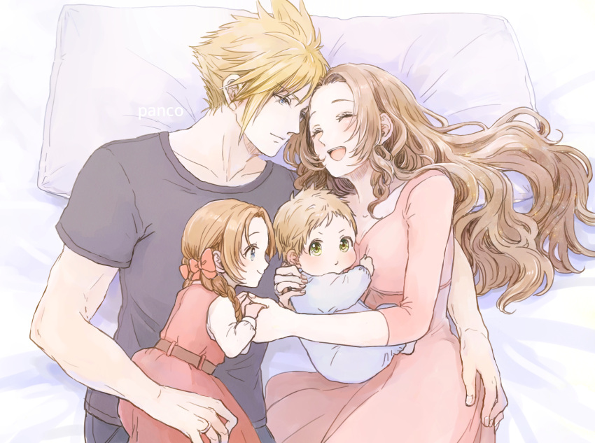 2boys 2girls aerith_gainsborough ancotsubu arm_around_waist bangs belt black_pants blonde_hair blue_eyes blush bow braid breasts brother_and_sister brown_belt brown_hair closed_eyes cloud_strife couple dress father_and_daughter female_child final_fantasy final_fantasy_vii final_fantasy_vii_remake green_eyes grey_shirt hair_between_eyes hetero highres holding_hands if_they_mated long_hair long_sleeves looking_at_another looking_at_viewer male_child medium_breasts mother_and_daughter mother_and_son multiple_boys multiple_girls on_bed open_mouth pants parent_and_child parted_bangs pillow pink_bow pink_dress shirt shirt_under_dress short_hair siblings sidelocks sleeveless sleeveless_dress smile spiky_hair t-shirt twin_braids upper_body wavy_hair white_shirt