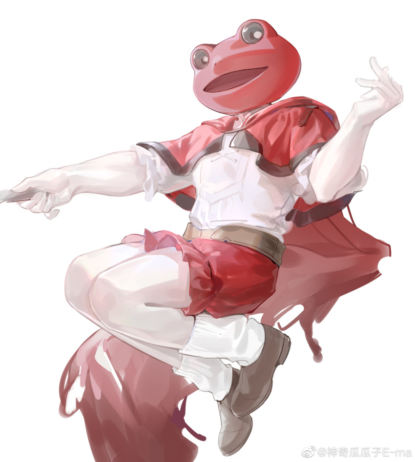 1boy avatar_(ff14) belt brown_footwear cape capelet chinese_commentary commentary_request covered_face e-ma_(pixiv6933729) facing_viewer final_fantasy final_fantasy_xiv frilled_sleeves frills frog_mask from_side full_body hand_up highres holding jumping leg_warmers male_focus mask midair open_mouth outstretched_arm puffy_shorts red_cape red_capelet red_shorts shirt shoes shorts simple_background solo torn_cape torn_clothes weibo_logo weibo_username white_background white_leg_warmers white_shirt