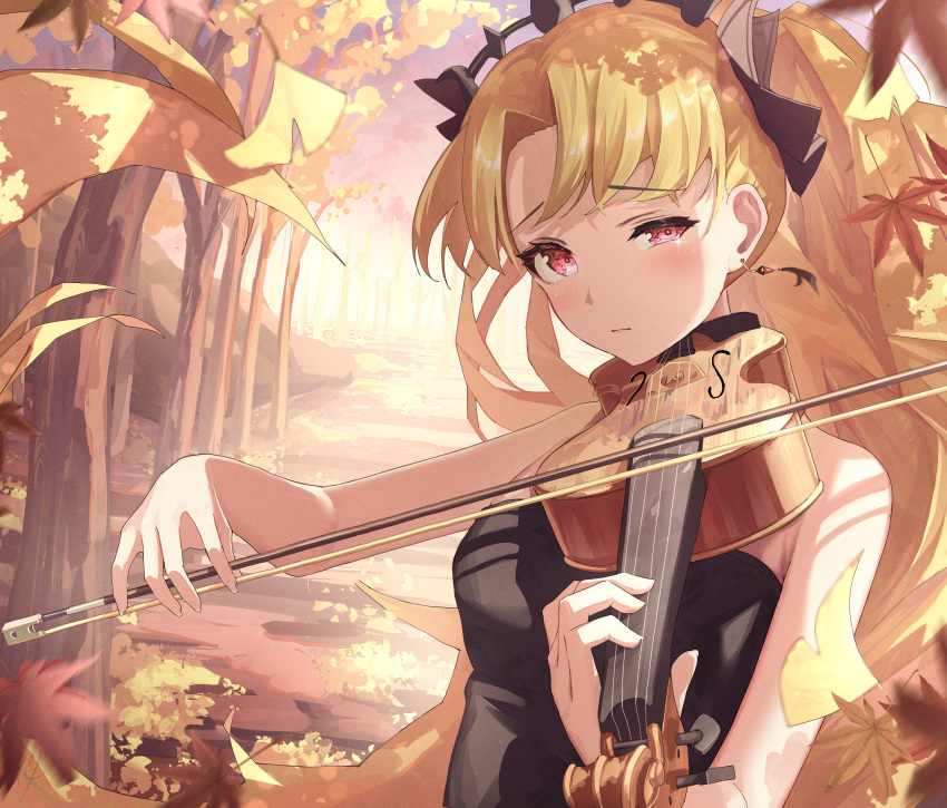 1girl absurdres alternate_costume autumn autumn_leaves bangs bare_shoulders black_dress black_ribbon blonde_hair blush closed_mouth commentary_request dress earrings ereshkigal_(fate) fate/grand_order fate_(series) floating_hair forest hair_ribbon hidulume highres holding holding_instrument instrument jewelry leaf long_hair music nature outdoors parted_bangs playing_instrument red_eyes ribbon sleeveless sleeveless_dress solo strapless strapless_dress tiara tree upper_body very_long_hair violin