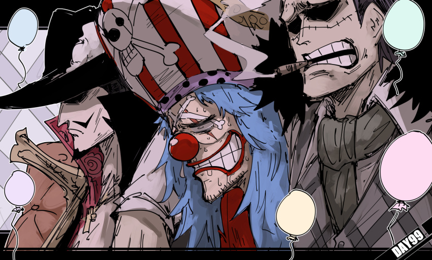 3boys arm_around_neck black_hair blue_hair buggy_the_clown cigar clenched_teeth closed_mouth clown_nose crocodile_(one_piece) dracule_mihawk empty_eyes facial_hair goatee half-closed_eyes hat highres kankan33333 letterboxed long_hair male_focus mature_male multiple_boys mustache one_piece open_mouth pirate_hat red_nose scar scar_on_face scared side-by-side sketch skull_and_crossbones smoke smoking snot spoilers stitches sweat sweating_profusely teeth