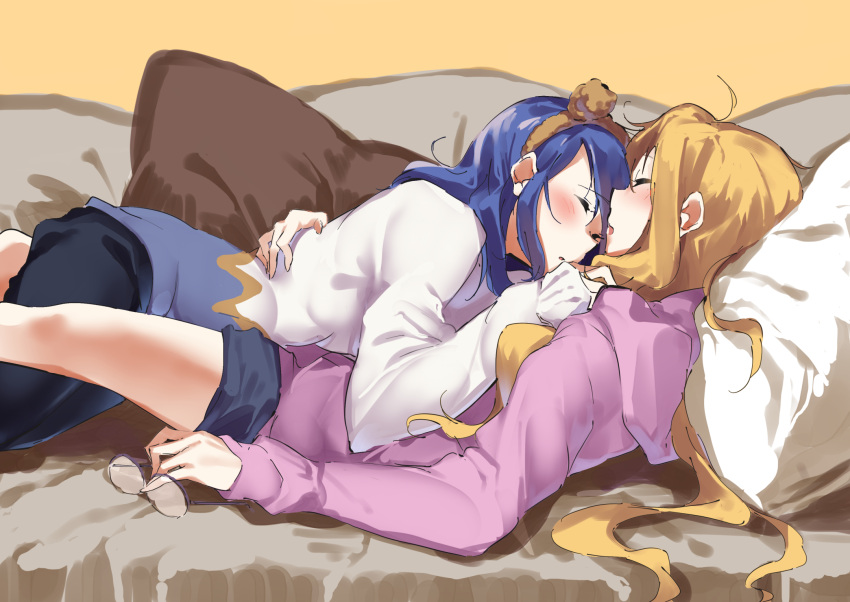 2girls black_pants black_shorts blonde_hair blue_hair brown_background character_request closed_eyes commentary_request couch eyewear_removed from_side girl_on_top glasses highres hood hood_down hoodie indoors kanoko_mamiya lamb_(hitsujiniku) long_hair long_sleeves lying multiple_girls on_back on_couch pants parted_lips pillow pink_hoodie shirt short_shorts shorts simple_background sleeping sleeping_on_person sleeves_past_wrists very_long_hair watashi_no_yuri_wa_oshigoto_desu! white_shirt yuri