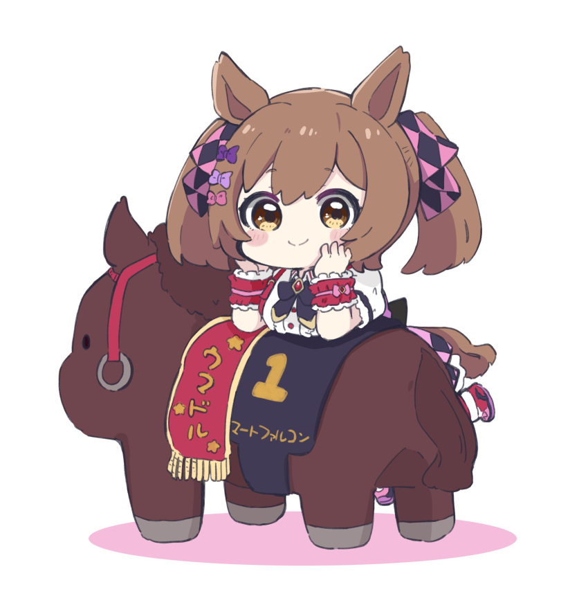 1girl absurdres animal_ears blush_stickers bow breasts brown_eyes brown_hair center_frills closed_mouth collared_shirt colored_shadow frills hair_bow hands_up highres horse_ears horse_girl horse_tail looking_at_viewer nozo_(hitomiz) pink_bow pink_skirt puffy_short_sleeves puffy_sleeves purple_bow red_footwear shadow shirt shoes short_sleeves simple_background skirt small_breasts smart_falcon_(racehorse) smart_falcon_(umamusume) smile solo standing standing_on_one_leg tail twintails umamusume white_background white_shirt wrist_cuffs