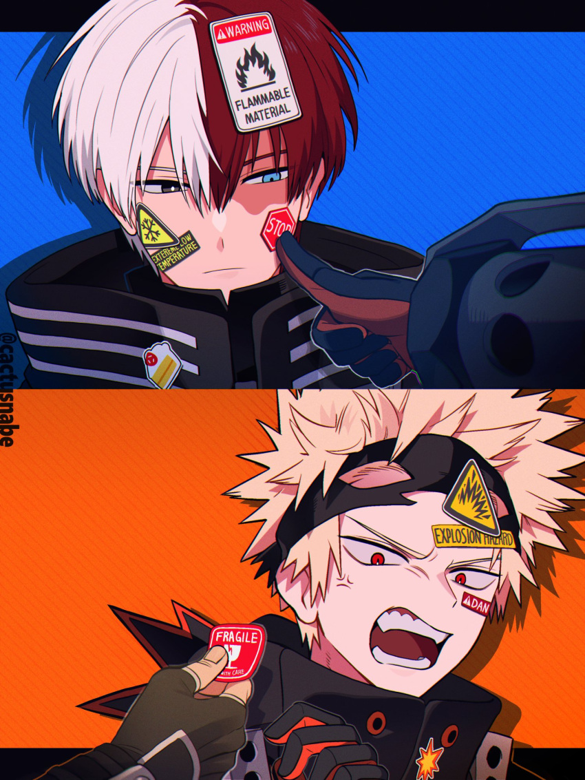 2boys anger_vein angry artist_name bakugou_katsuki bangs bangs_pinned_back black_gloves black_outline blonde_hair blue_background blue_eyes boku_no_hero_academia burn_scar cactusnabe chromatic_aberration closed_mouth color_coordination commentary diagonal_stripes drop_shadow english_text eye_mask eyes_visible_through_hair film_grain finger_to_another's_cheek fingerless_gloves flammable_symbol fragile_symbol frown gloves grey_eyes hair_between_eyes hand_up heterochromia hexagon high_collar highres holding letterboxed looking_at_another male_focus mask mask_on_head mismatched_pupils multicolored_hair multiple_boys narrowed_eyes open_mouth orange_background orange_gloves outline outside_border parted_hair pinstripe_pattern portrait reaching red_eyes redhead sanpaku scar scar_on_face short_hair sign spiky_hair split-color_hair split_screen square sticker_on_face straight_hair striped striped_background symbol-only_commentary todoroki_shouto triangle twitter_username two-tone_gloves two-tone_hair v-shaped_eyebrows warning_sign white_hair white_outline