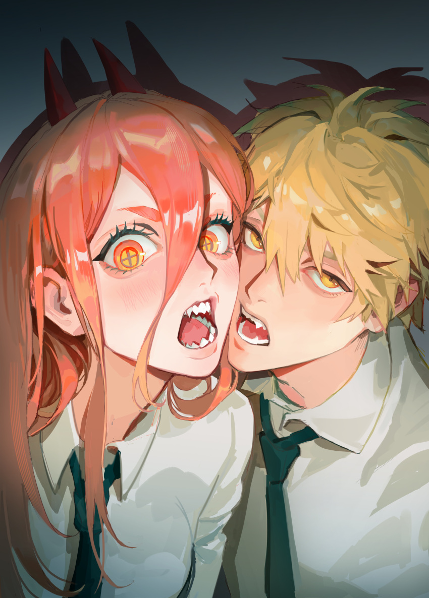 1boy 1girl absurdres bangs black_necktie blonde_hair blue_background chainsaw_man cheek-to-cheek collared_shirt commentary cross-shaped_pupils demon_horns denji_(chainsaw_man) drop_shadow fangs gradient gradient_background hair_between_eyes heads_together highres horns long_bangs long_hair looking_at_viewer necktie open_mouth orange_hair portrait power_(chainsaw_man) quan_dao red_horns shirt short_hair symbol-only_commentary symbol-shaped_pupils white_shirt wide-eyed yellow_eyes