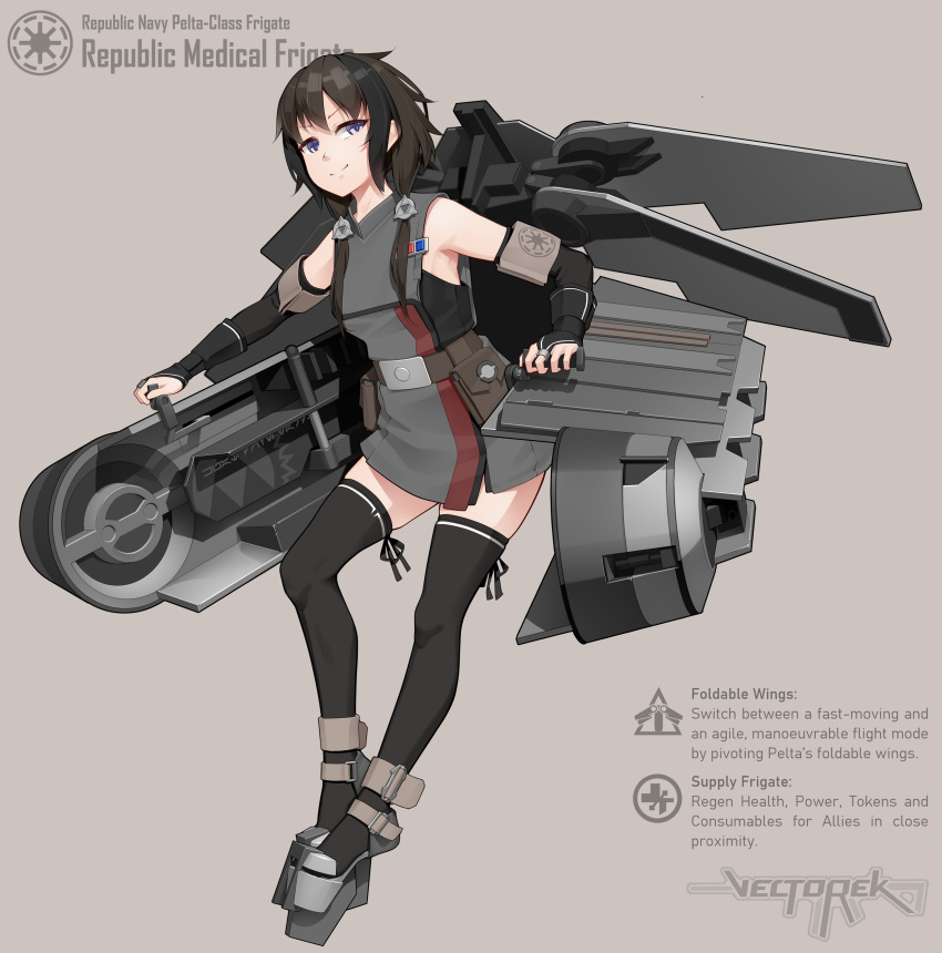1girl absurdres bare_shoulders black_eyes black_hair black_thighhighs bridal_gauntlets english_commentary galactic_republic highres looking_at_viewer mecha_musume personification rudder_footwear short_hair simple_background smile solo star_wars thigh-highs uniform vectorek zettai_ryouiki