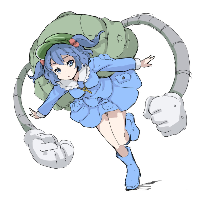 1girl backpack bag blue_eyes blue_footwear blue_hair blue_shirt blue_skirt boots exkagerou8665 flat_cap full_body green_headwear hair_between_eyes hat highres kawashiro_nitori key long_sleeves mechanical_arms one-hour_drawing_challenge parted_lips shirt short_hair simple_background skirt solo touhou two_side_up white_background
