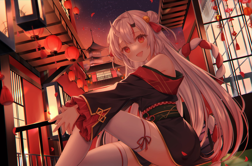 1girl :d architecture bell blush colored_tips commentary_request dutch_angle east_asian_architecture hair_bell hair_bun hair_ornament haruhitooo highres hololive horns kouhaku_nawa lantern long_hair long_sleeves looking_at_viewer multicolored_hair nakiri_ayame night oni_horns paper_lantern red_eyes redhead rope shimenawa sitting smile solo streaked_hair thigh-highs thighs virtual_youtuber white_hair white_thighhighs