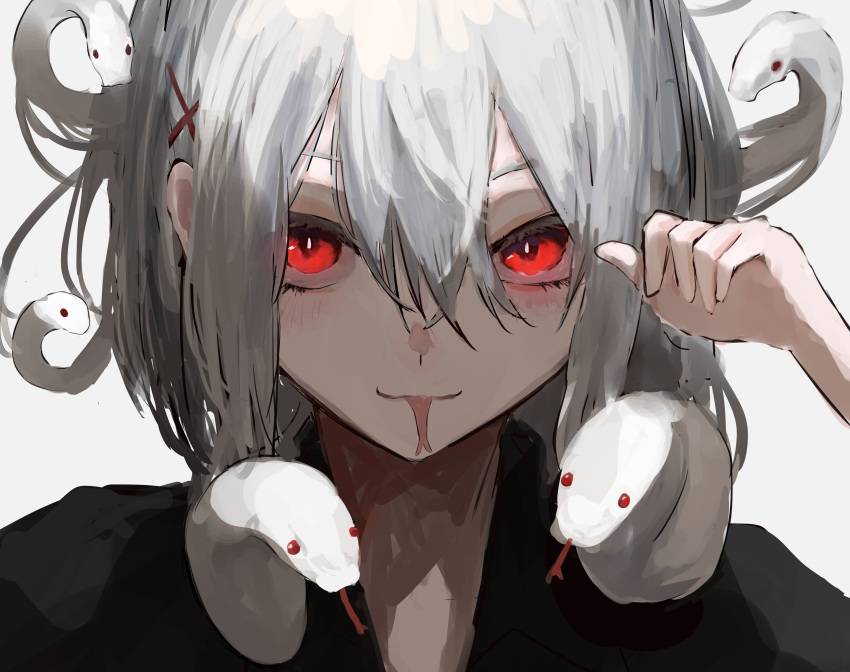 1girl absurdres forked_tongue glowing glowing_eyes hair_ornament highres looking_at_viewer original pikuson red_eyes simple_background snake snake_hair tongue tongue_out upper_body white_hair x_hair_ornament