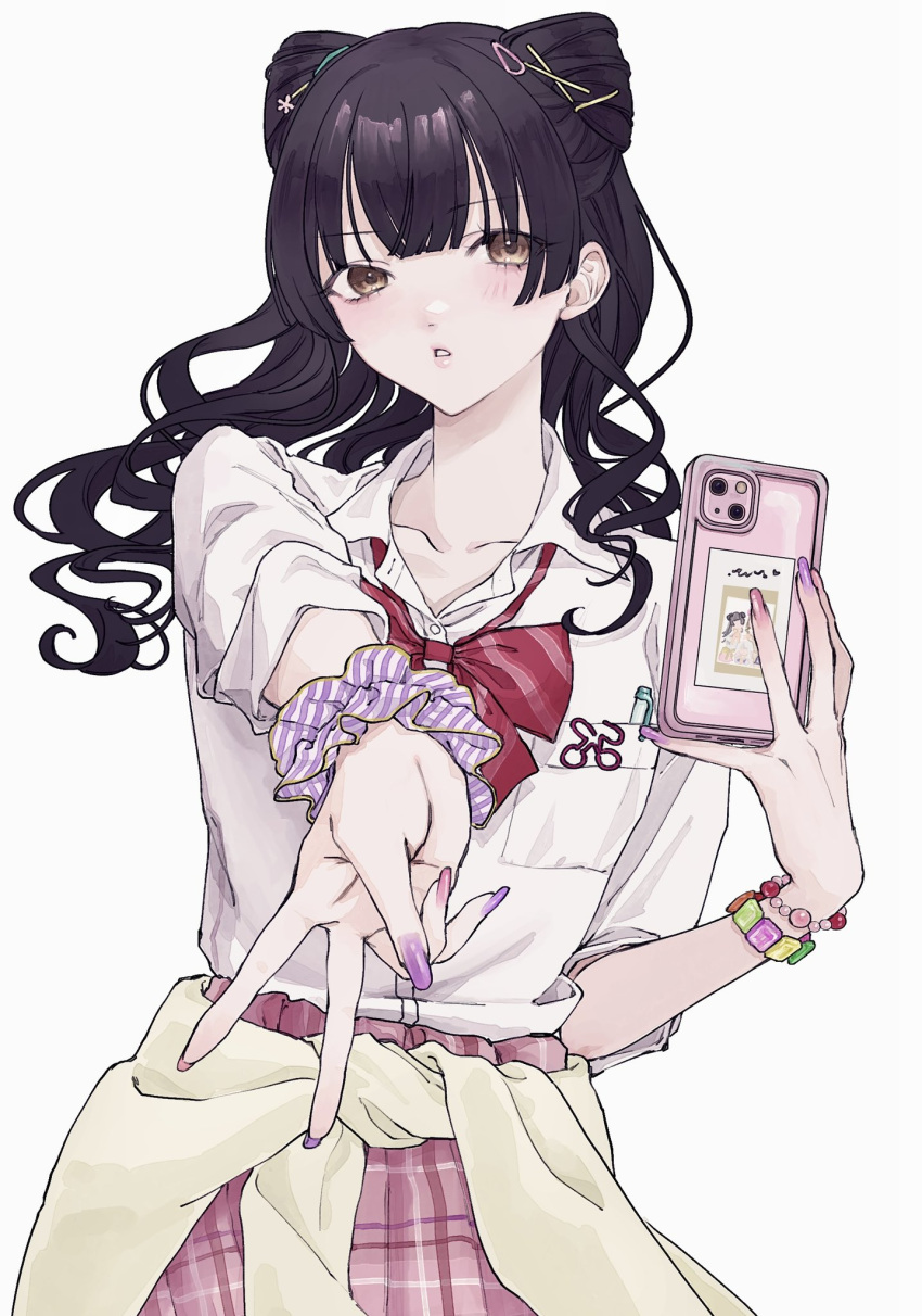 1girl bangs blunt_bangs blush bow bowtie bracelet cardigan cardigan_around_waist cellphone clothes_around_waist collarbone fingernails gyaru gyaru_v highres holding holding_phone idolmaster idolmaster_shiny_colors jewelry kogal looking_at_viewer loose_bowtie mayuzumi_fuyuko nail_polish ne_mu_ko05 phone pink_skirt scrunchie shirt simple_background skirt skirt_rolled_up solo v wavy_hair white_background white_shirt wrist_scrunchie