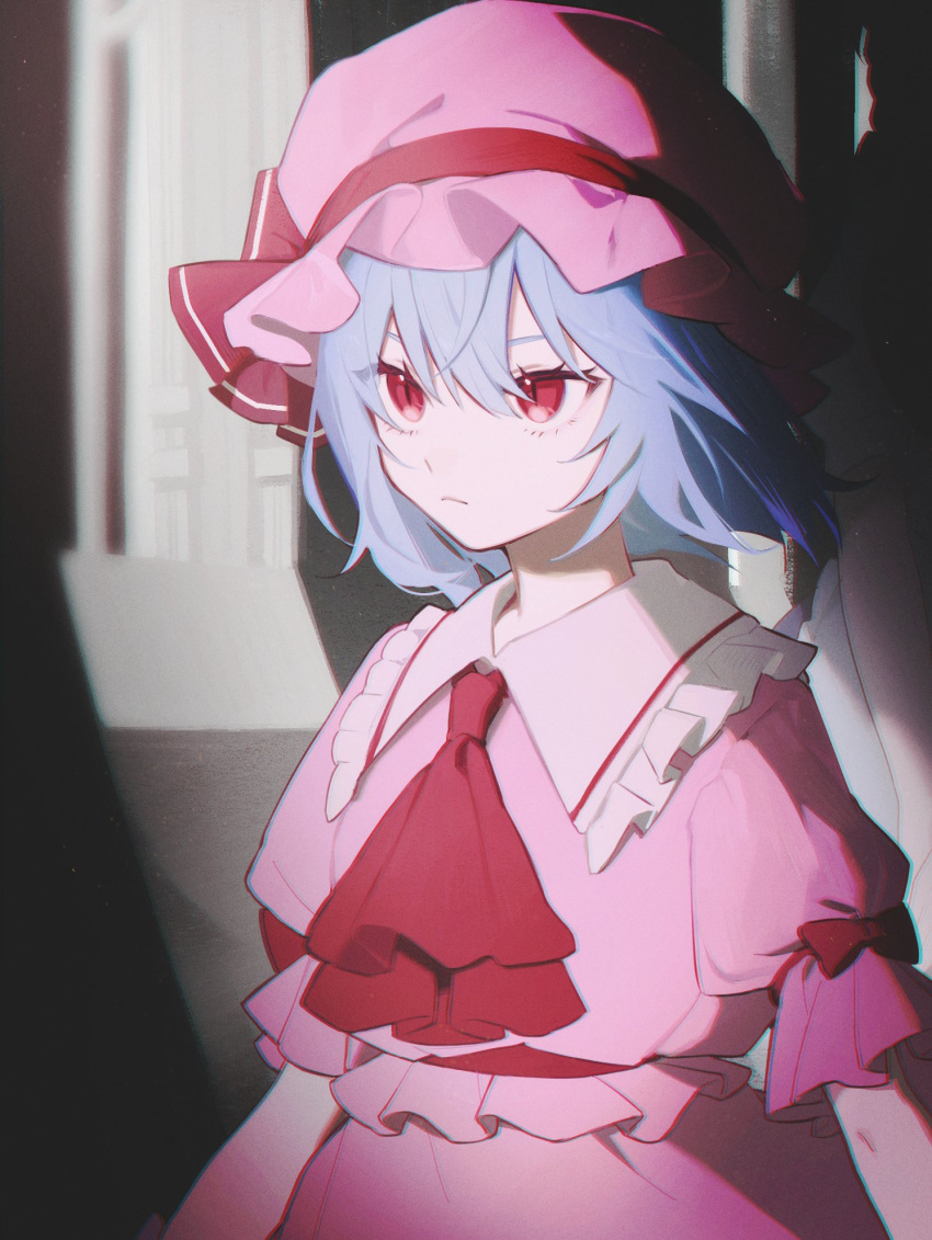 1girl ascot bangs blue_hair chromatic_aberration closed_mouth collared_shirt commentary_request film_grain frilled_shirt frilled_shirt_collar frills hat hat_ribbon highres light_blue_hair mob_cap motamo_(motamotri) pink_headwear pink_shirt pink_skirt red_ascot red_eyes red_ribbon remilia_scarlet ribbon shirt short_hair short_sleeves skirt solo touhou