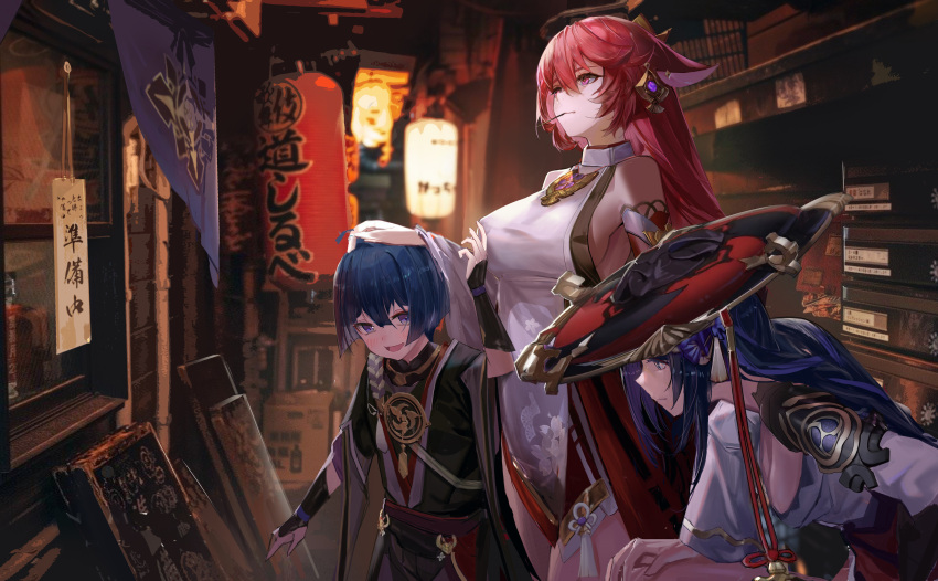 1boy 2girls :d aged_down animal_ears arm_up armor bangs bare_shoulders blue_eyes blue_hair bob_cut box braid cardboard_box cowboy_shot detached_sleeves earrings fox_ears from_side genshin_impact hair_between_eyes hair_ornament hand_on_another's_head hat headpat height_difference highres indoors japanese_clothes jewelry jingasa lantern leaning_forward long_hair looking_ahead looking_at_another mouth_hold multiple_girls night open_mouth paper_lantern pauldrons pink_eyes profile rabbit_(tukenitian) raiden_shogun scaramouche_(genshin_impact) short_hair shoulder_armor single_braid smile stalk_in_mouth standing storefront tassel tassel_hair_ornament turtleneck vambraces vision_(genshin_impact) wide_sleeves window yae_miko